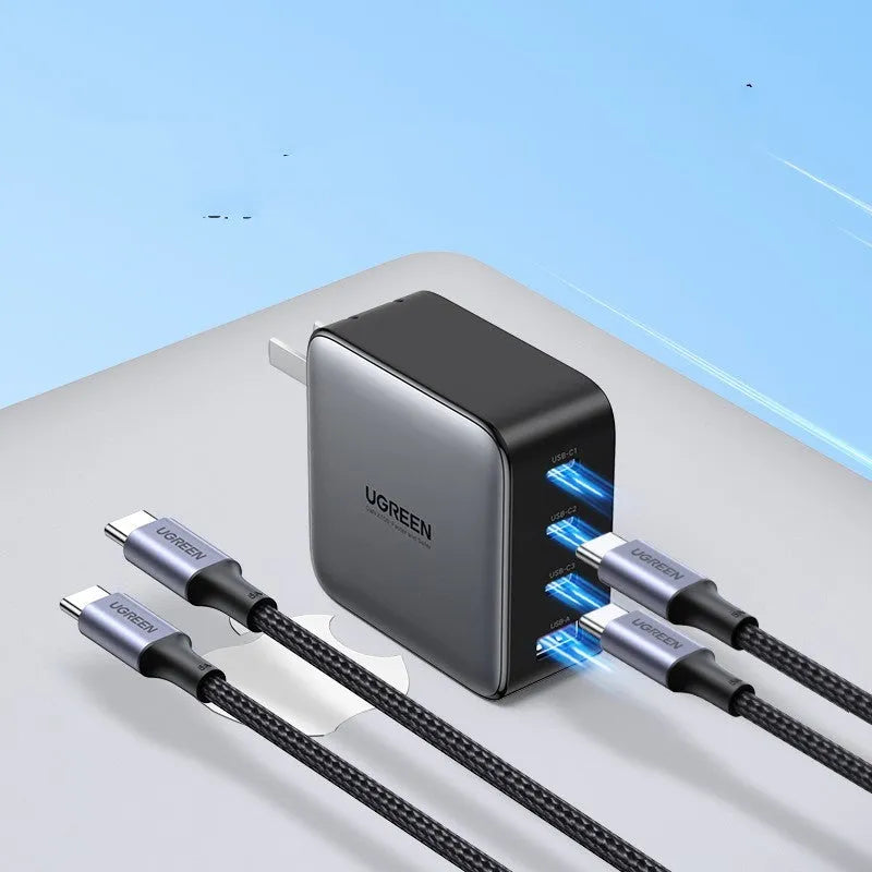 100W Gallium Nitride multi-port USB-C charger plug with attached cable on a grey background.