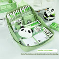 Green canvas pencil case with 12-layer compartmentalised design showing panda-themed Korean style elements