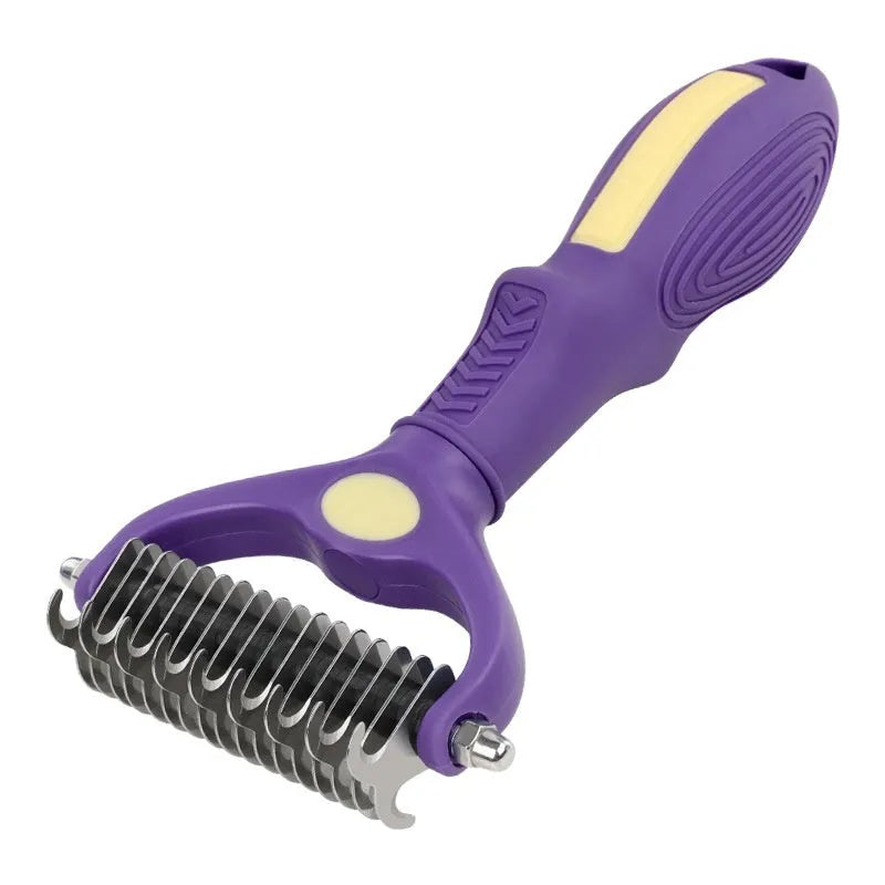Purple double-sided plastic pet comb with fine and wide teeth for grooming cats and dogs.