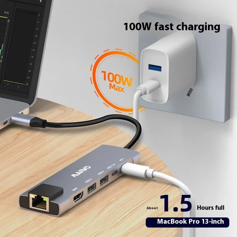 Aluminium alloy Steam Deck six-in-one docking station with HDMI, Ethernet, and USB ports.