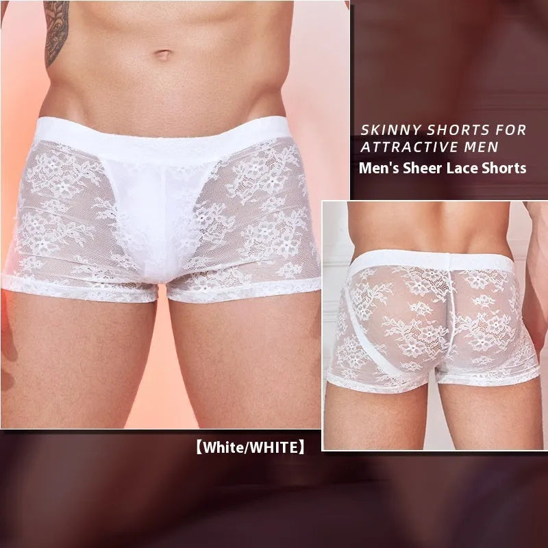 Men's black boxer briefs with a lace detail panel on the front.
