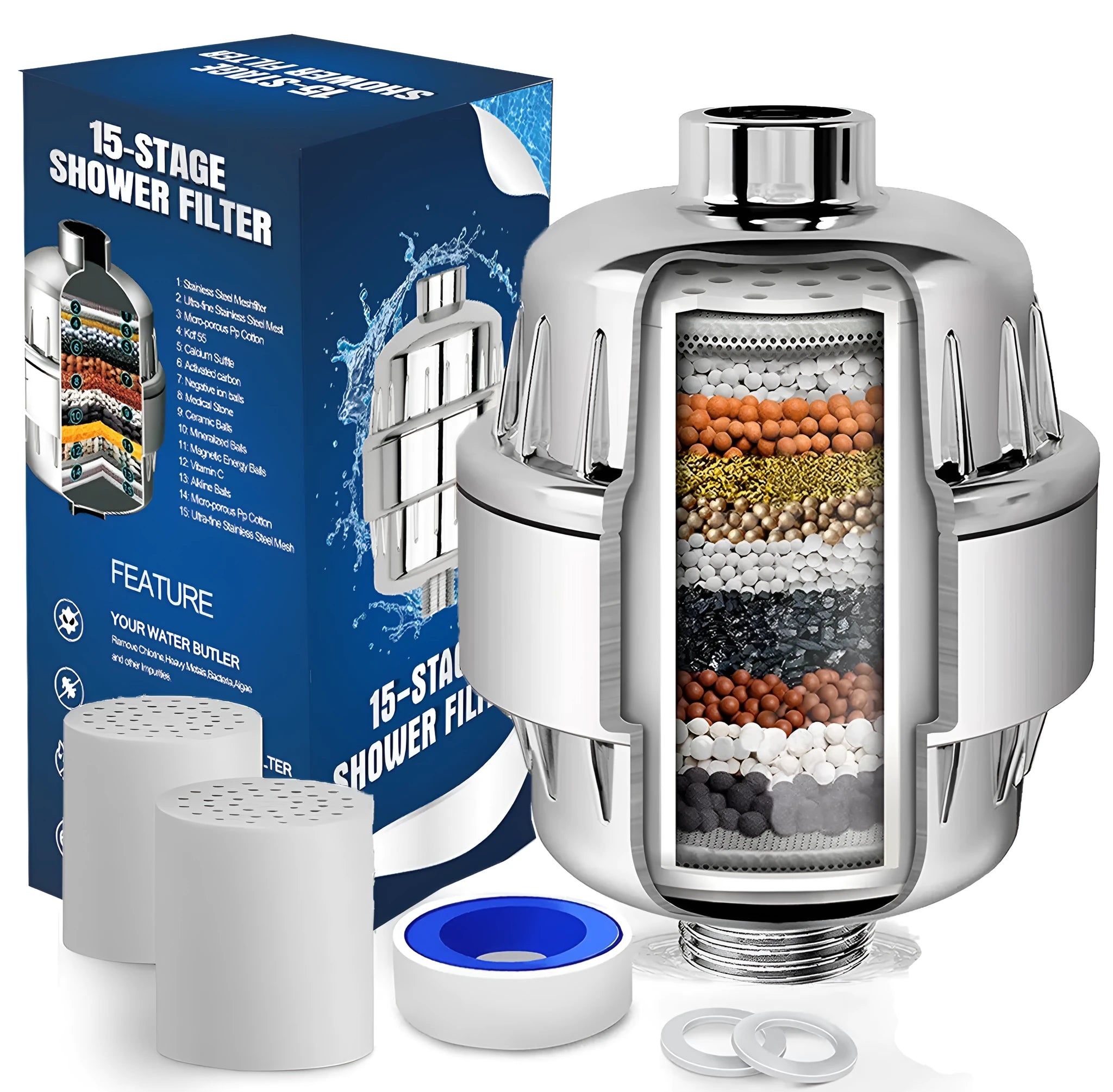 17-layer shower filter with activated carbon and ABS housing for tap water filtration