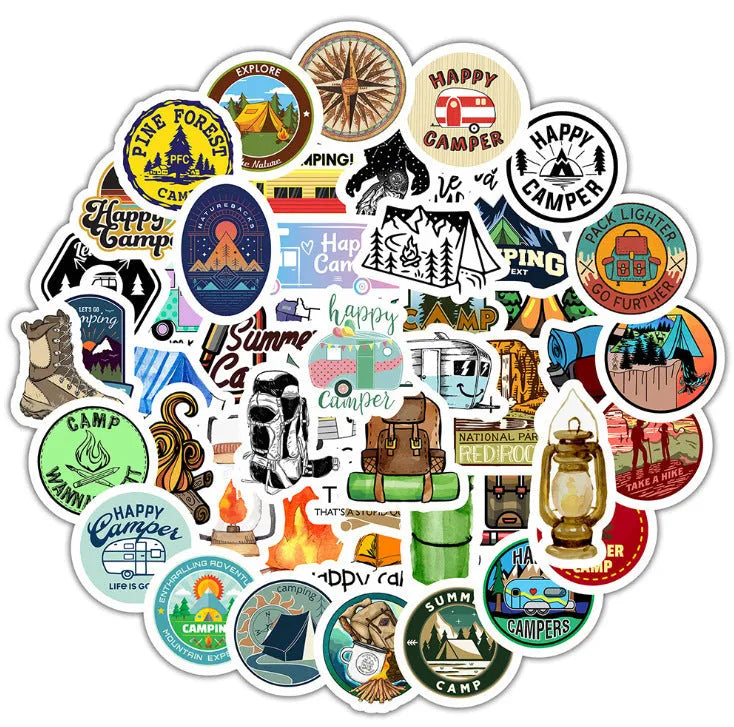 50 outdoor camping graffiti stickers, travel series PVC decals about 7cm, Go Camping pattern, model YT38