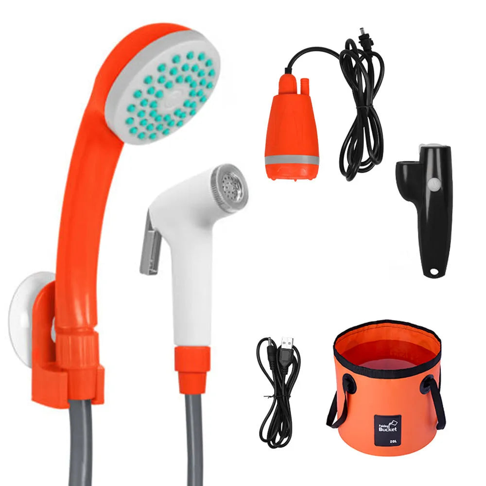 Portable USB wireless vehicle shower with blue lithium battery and water hose