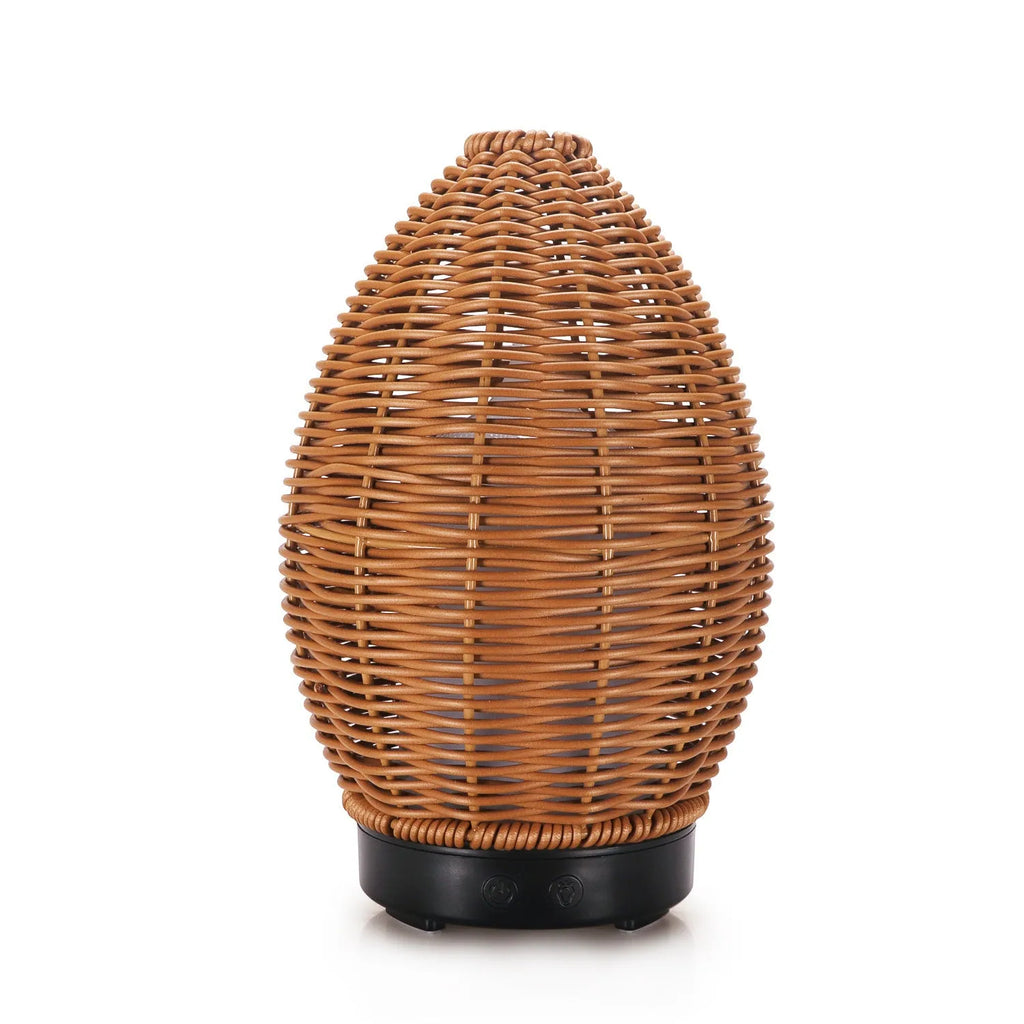 Hollow rattan aroma diffuser with light wood grain finish, showing 100ml water tank