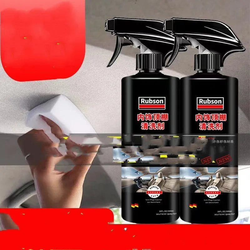 Wash-free fabric roof foam decontamination cleaner bottle with towel and sponge wipes for car interior cleaning.