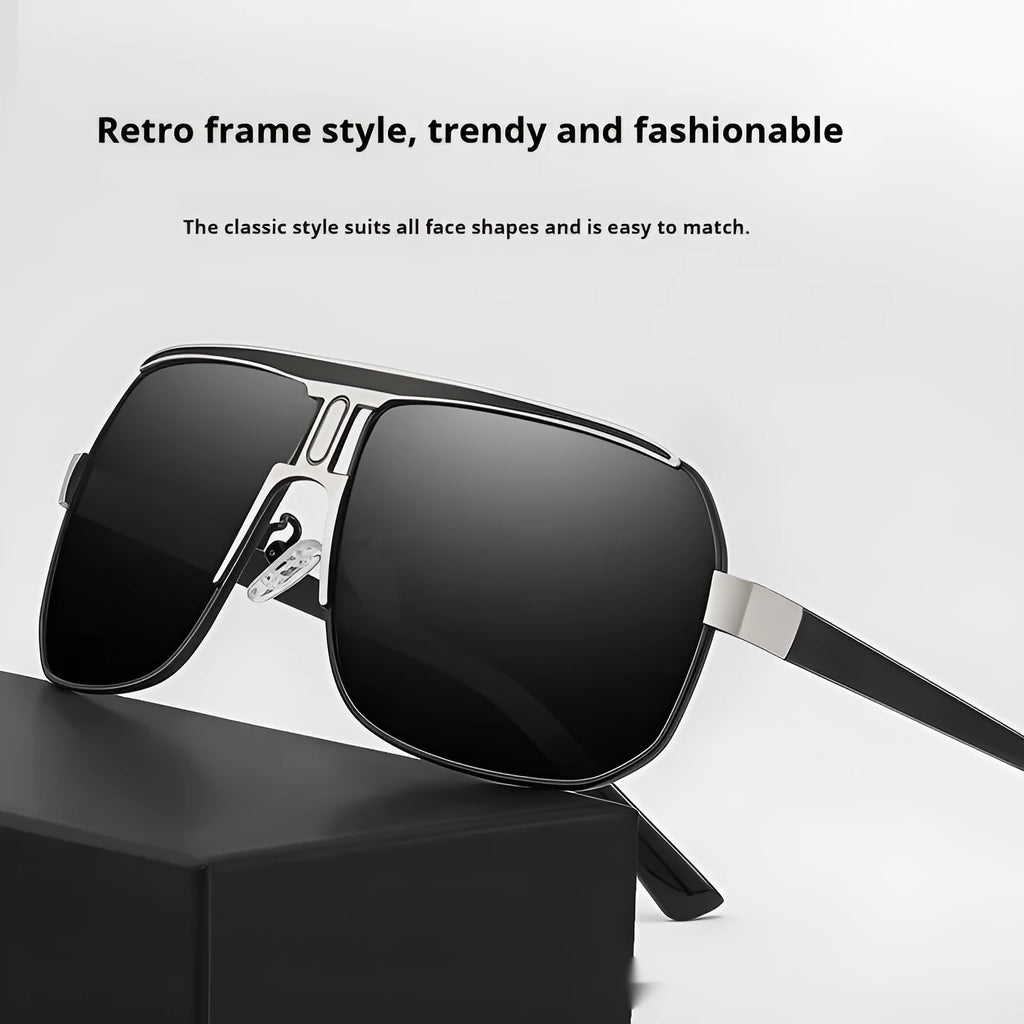 Large frame unisex sunglasses with alloy glasses frame, shown in black silver, black, golden red, and gun silver colour options