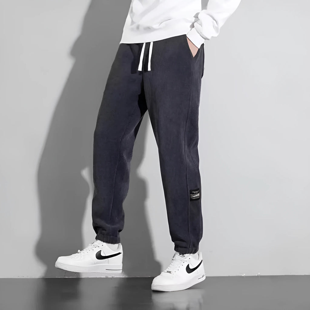 Men's loose straight sweatpants in dark gray, black or dark brown, cotton blend, drawstring mid waist, sizes M-5XL