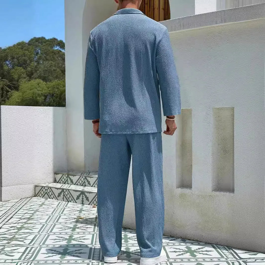 Men's casual commuter suit set in polyester, showing shirt and trousers in a choice of four colours.