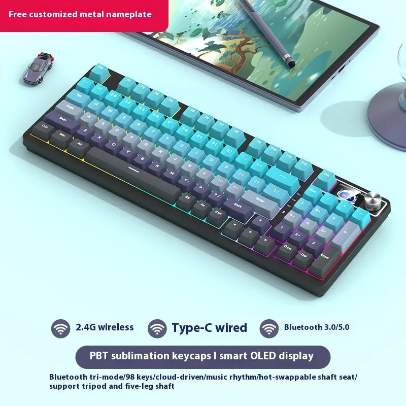 98-key wireless Bluetooth mechanical keyboard kit with metal knob on desk