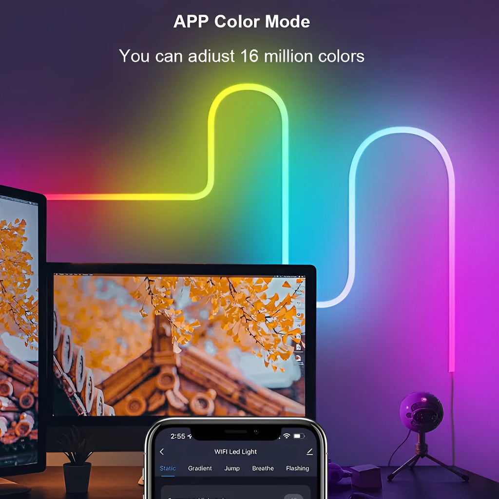 3 metre long USB RGB neon light strip with remote control on a white background.