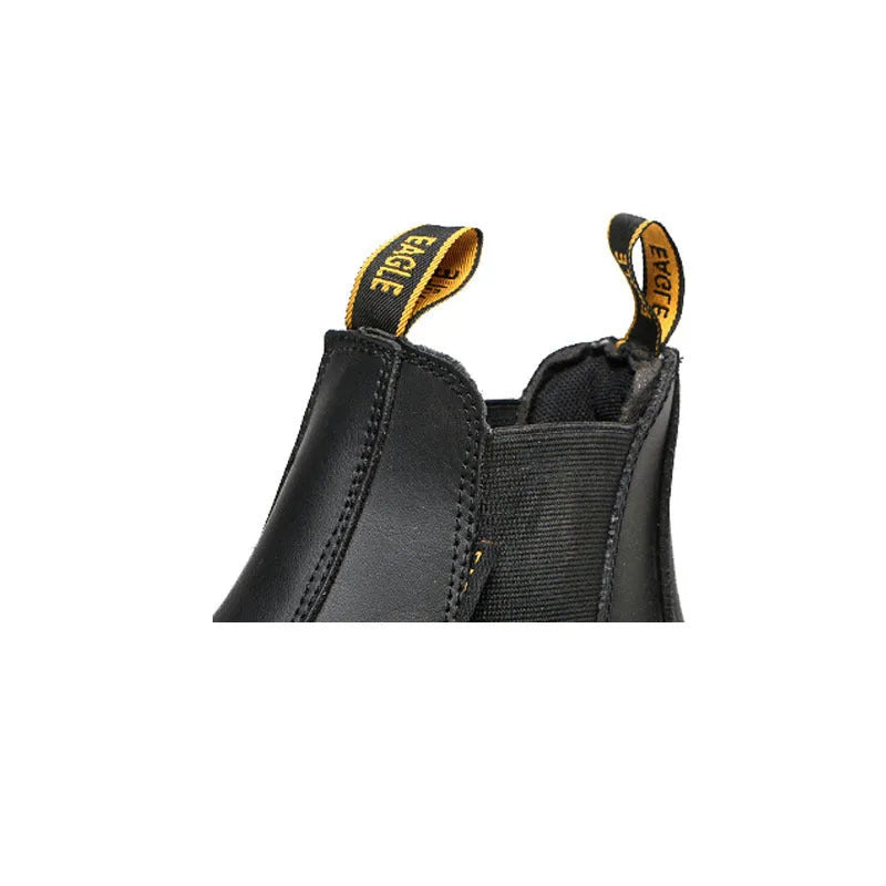 Black high-top leather safety work boots with anti-piercing sole protection.
