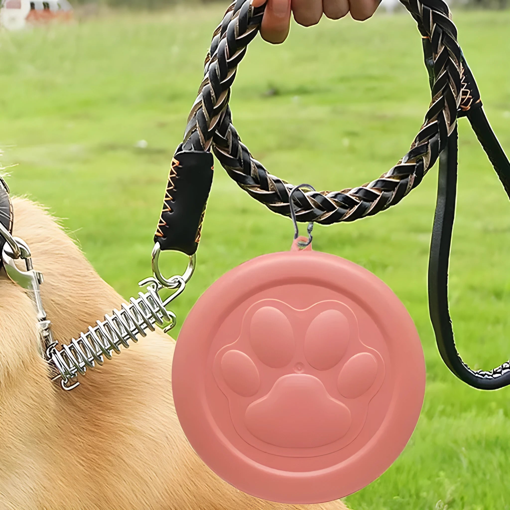 Foldable pink and green portable plastic dog bowl for outdoor feeding.