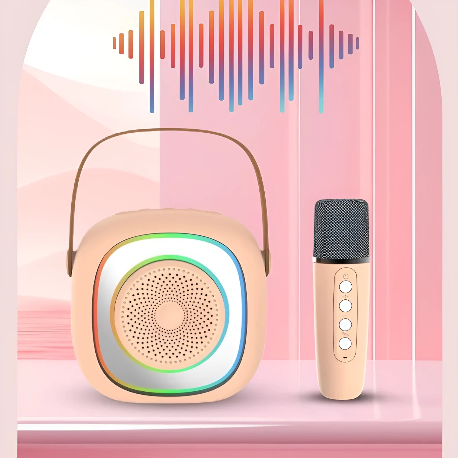 Wireless karaoke microphone with Bluetooth connectivity and colourful LED lighting in various colour options