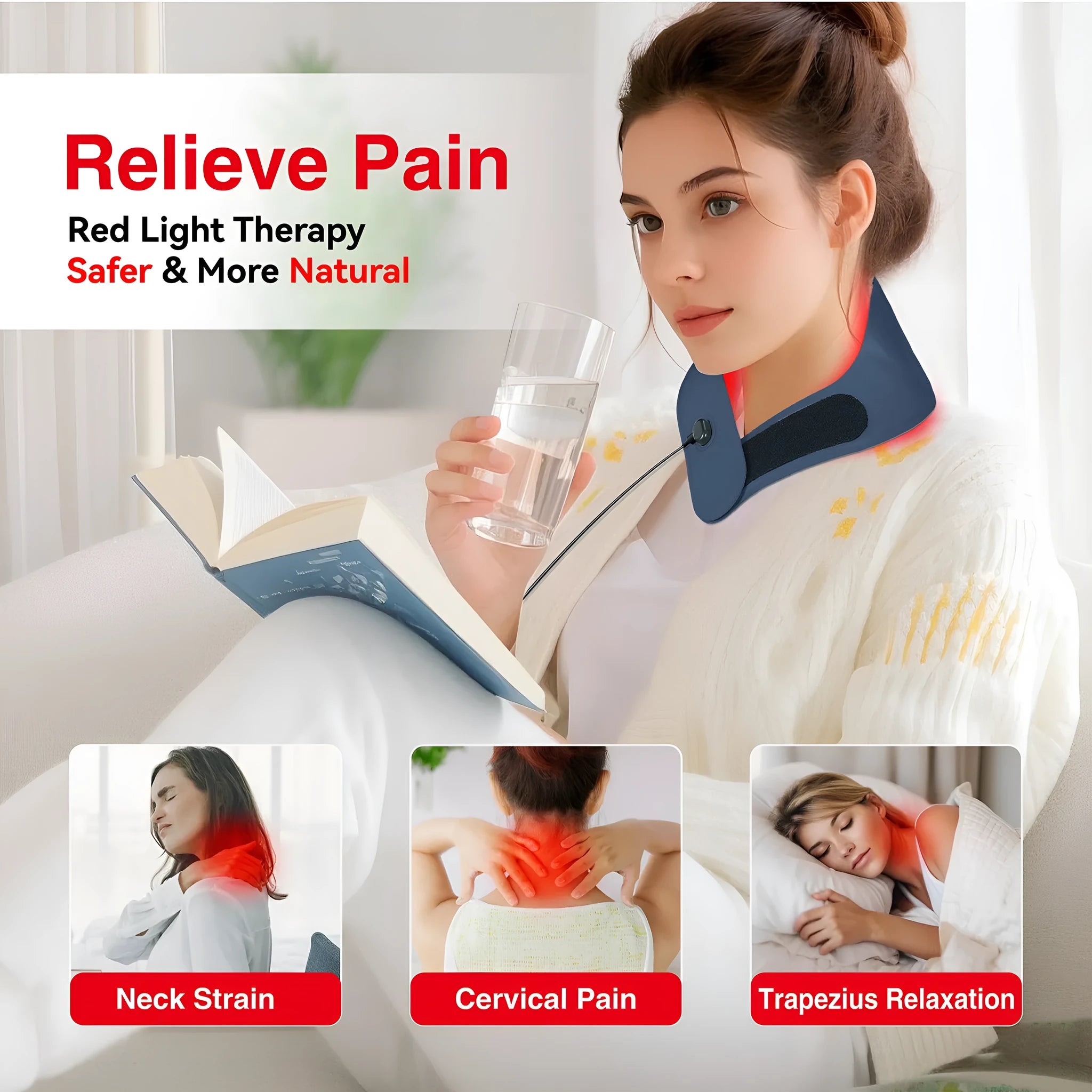 Red light hot compress neck mask with pulse physiotherapy for cervical vertebra in dark sky blue
