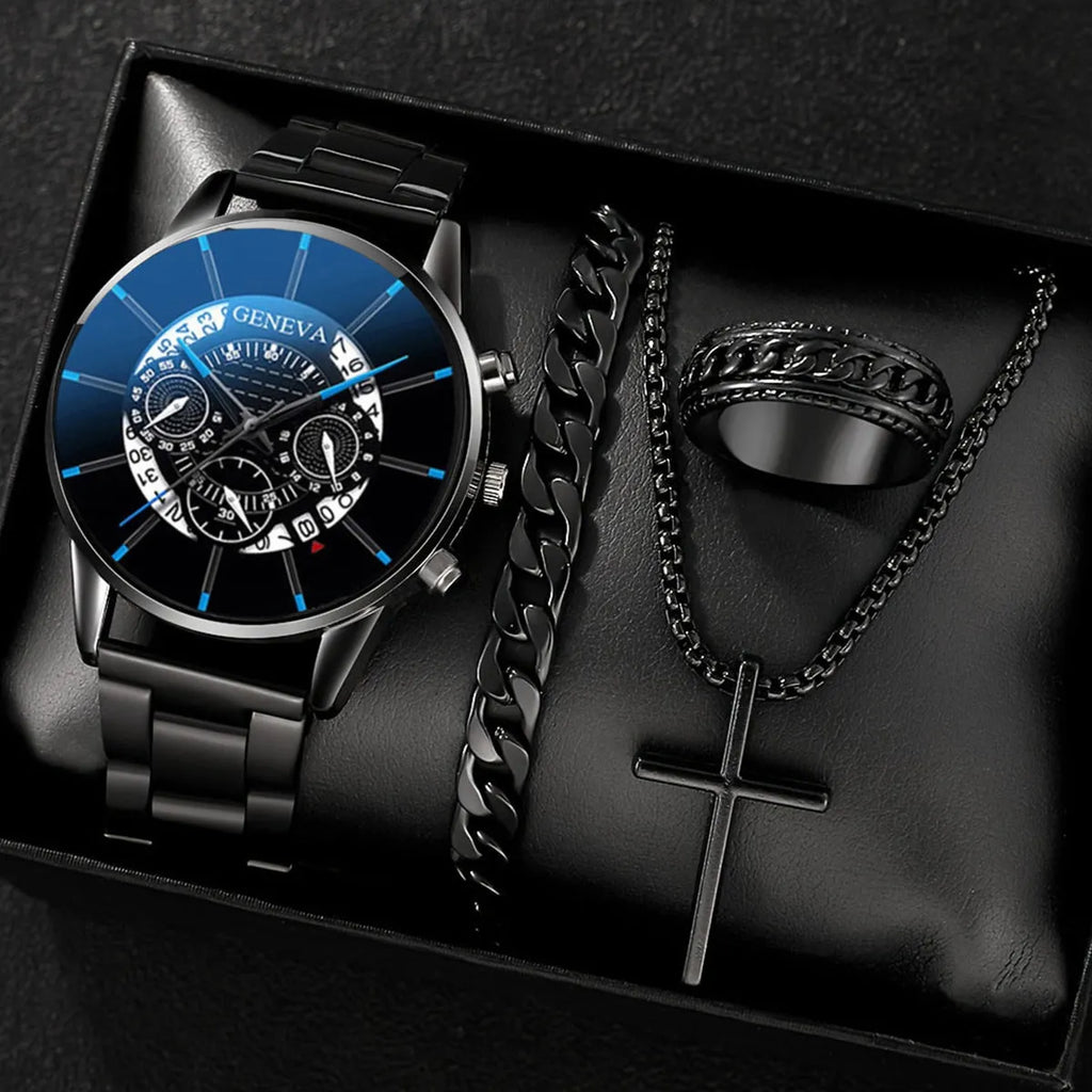 Men's business watch set with steel belt, necklace, bracelet, and ring in silver finish