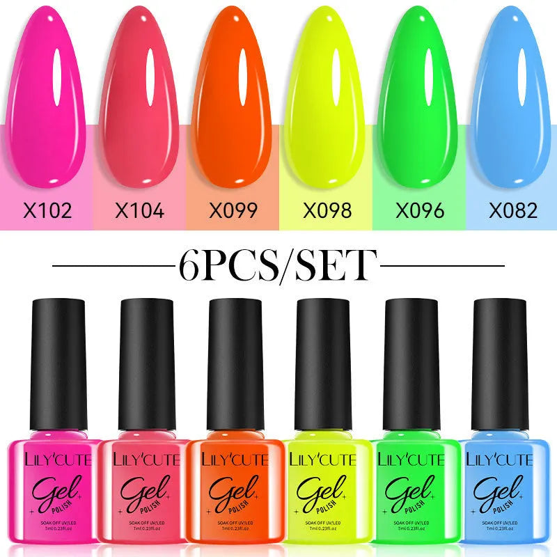 UV gel nail polish set showing bottles in multiple solid and glitter colours.