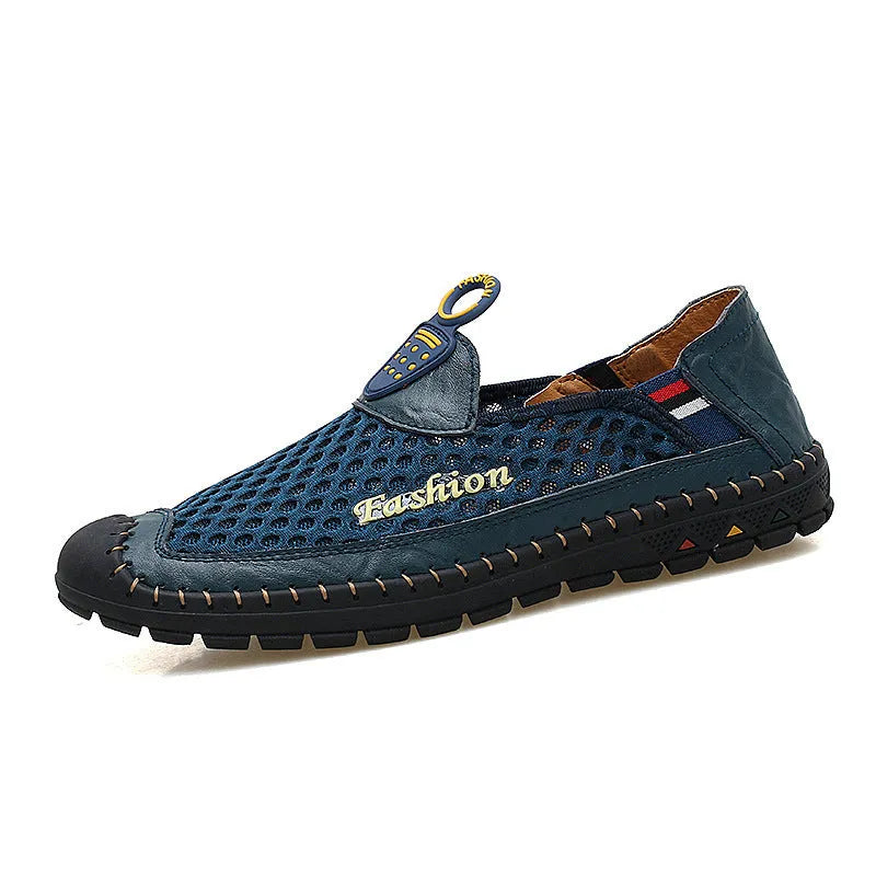Men's brown breathable mesh casual shoes with a round toe and rubber sole.