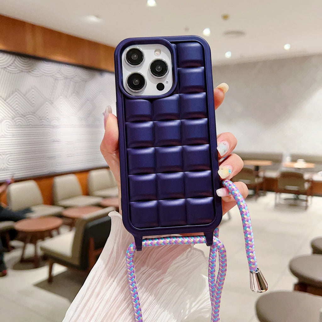 Matte plaid cross-body lanyard phone case in pink for iPhone 11 to 15 Pro Max, TPU fall protection