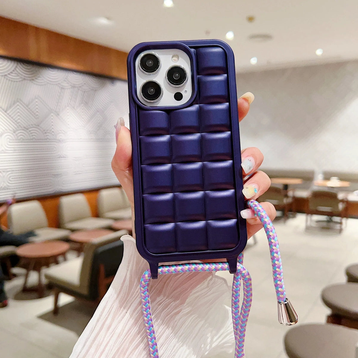 Matte plaid cross-body lanyard phone case in pink for iPhone 11 to 15 Pro Max, TPU fall protection