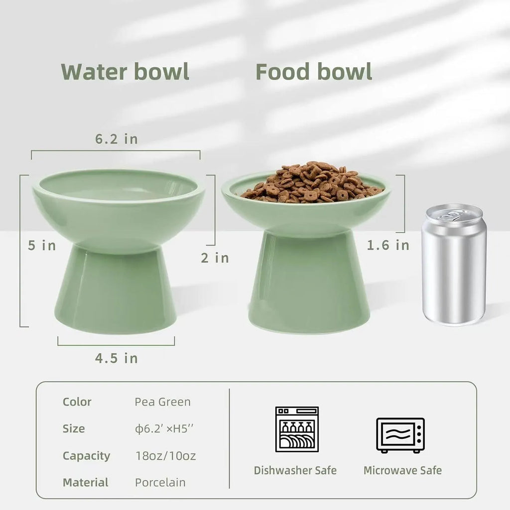 Wide shallow ceramic elevated cat food bowl in blue colour showing dimensions