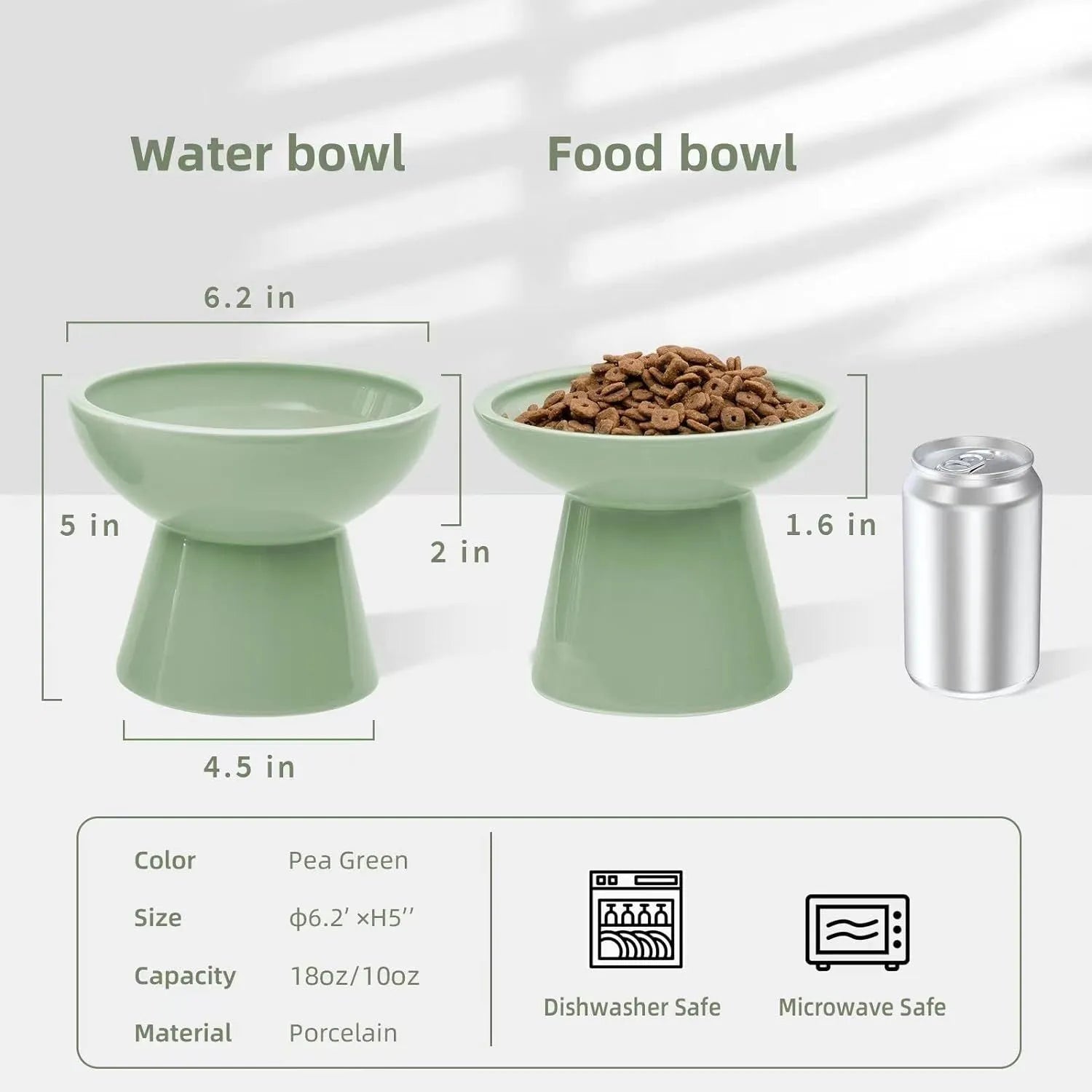 Wide shallow ceramic elevated cat food bowl in blue colour showing dimensions