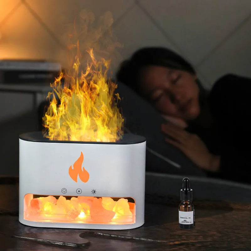 Square desktop flame humidifier with colourful 3D flame effect and crystal salt stone