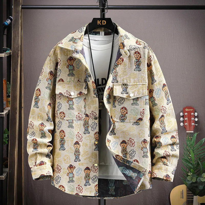 Personality brand casual lapel long sleeve shirt coat in a straight hem design, shown in a blue colour option.