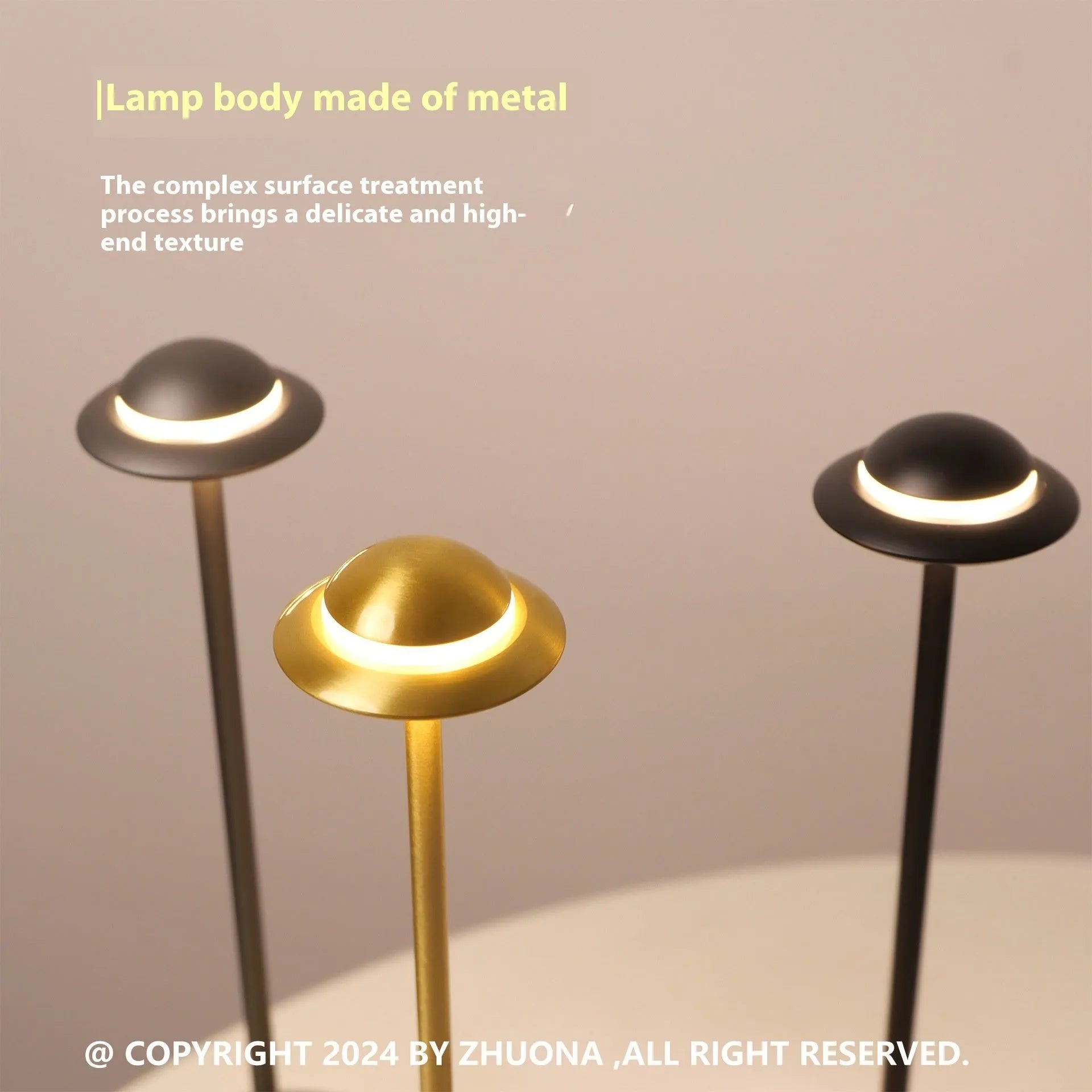 Modern UFO-shaped metal table lamp in black on a wooden desk, showcasing its rechargeable, touch-dimming design.