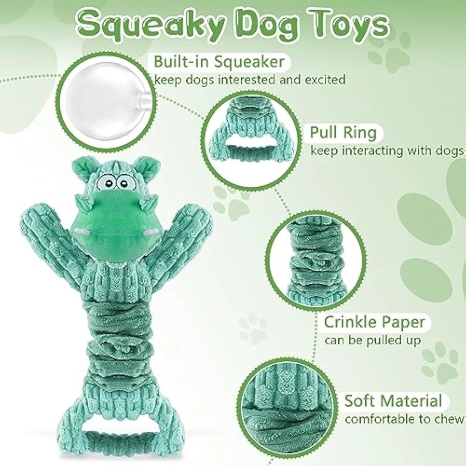 Large stretchy plush dog toy in Hippo or Monkey design with a squeaker and crinkle paper for tug of war.