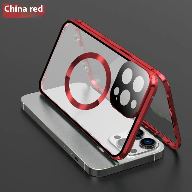 Magnetic metal all-inclusive phone case for iPhone 12 13 14 15, transparent HD finish, electroplated surface
