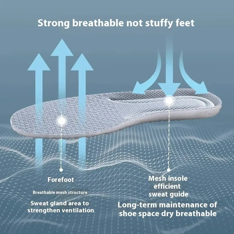 A pair of grey breathable sports insoles made of soft PU material, shown alongside scissors to illustrate the trimmable feature.