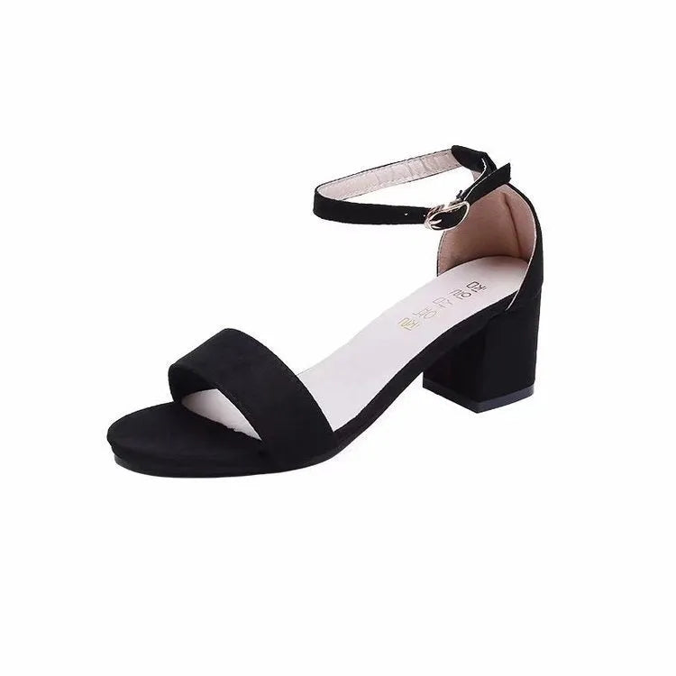 Ladies suede casual sandals with thick heel, fish mouth toe, and buckle fastening, available in black, beige, grey, and pink.