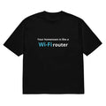 Front view of a black men's loose-fit t-shirt with a large 3D digital printed cartoon design on the chest.