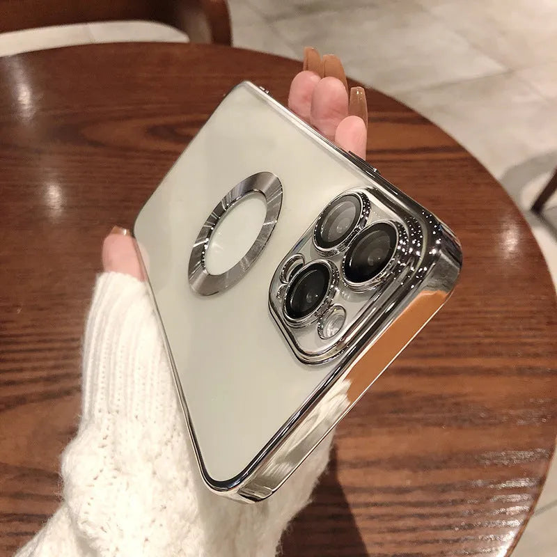 Transparent electroplated silicone iPhone case showing integrated camera lens protector and precise button cutouts