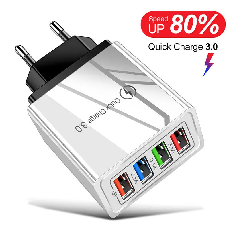 Four-port USB charging head with luminous indicator in black and white colour
