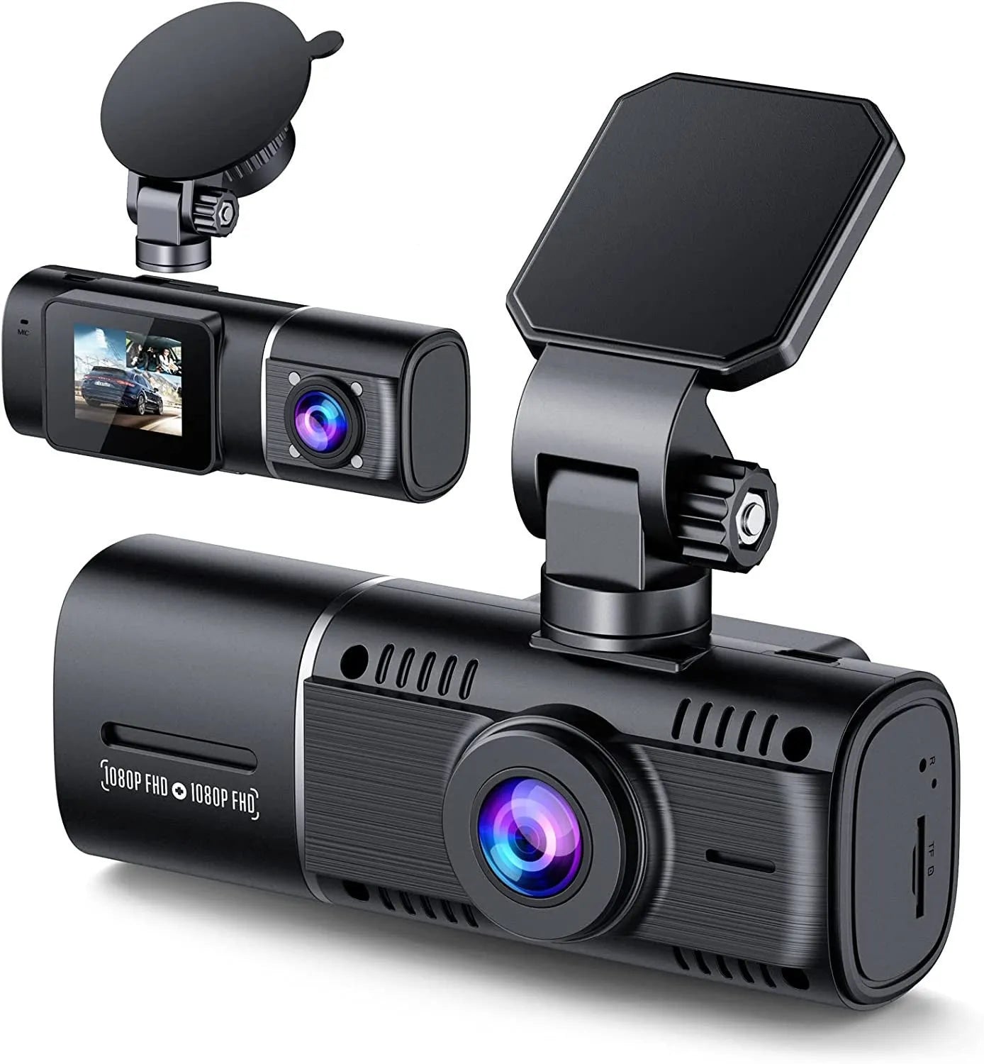 Black dual-channel car dash cam with 1.5-inch screen mounted on windshield next to rear-view mirror.