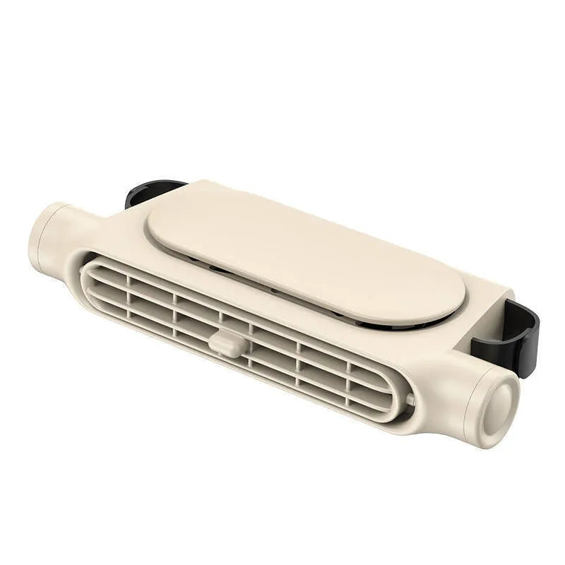 USB-powered bladeless car fan with velcro mount in black, white, or beige