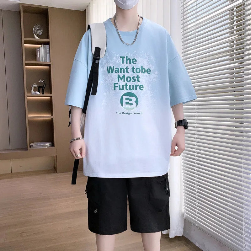 Boys dark blue printed T-shirt with Jacquard design and drop-shoulder short sleeves