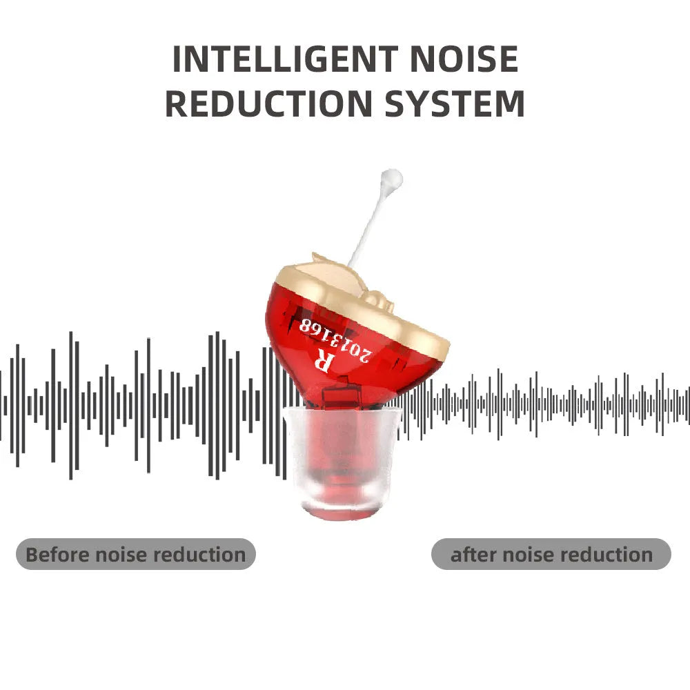 Q10 CIC hearing aid in red and blue colours with automatic calibration for discreet hearing assistance