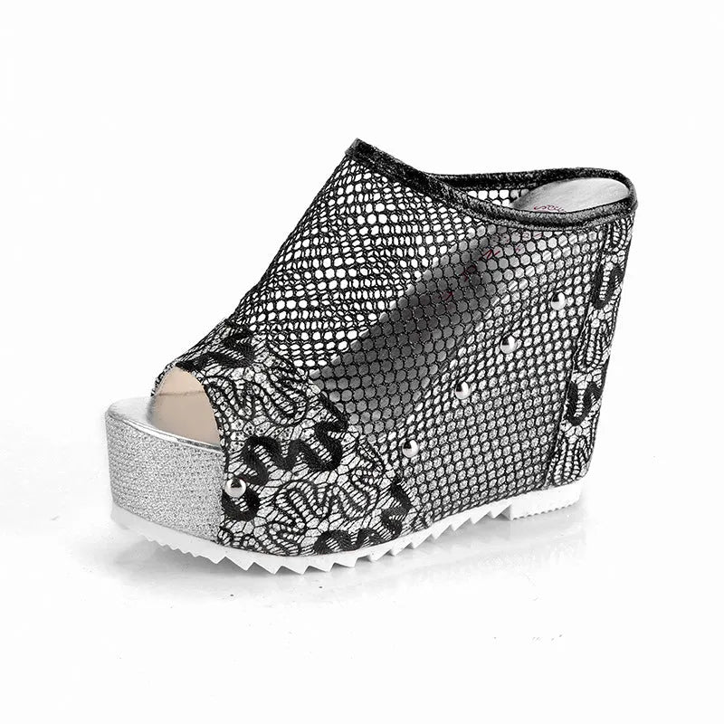 Korean platform lace-up sandals with hollowed-out heel and waterproof chunky heel in black colour