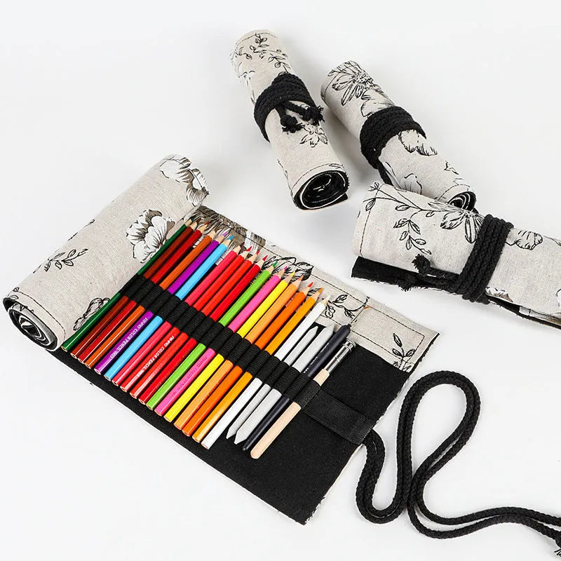 Black peony printed canvas pencil roll bag with 24 or 72 holes for pencil organisation