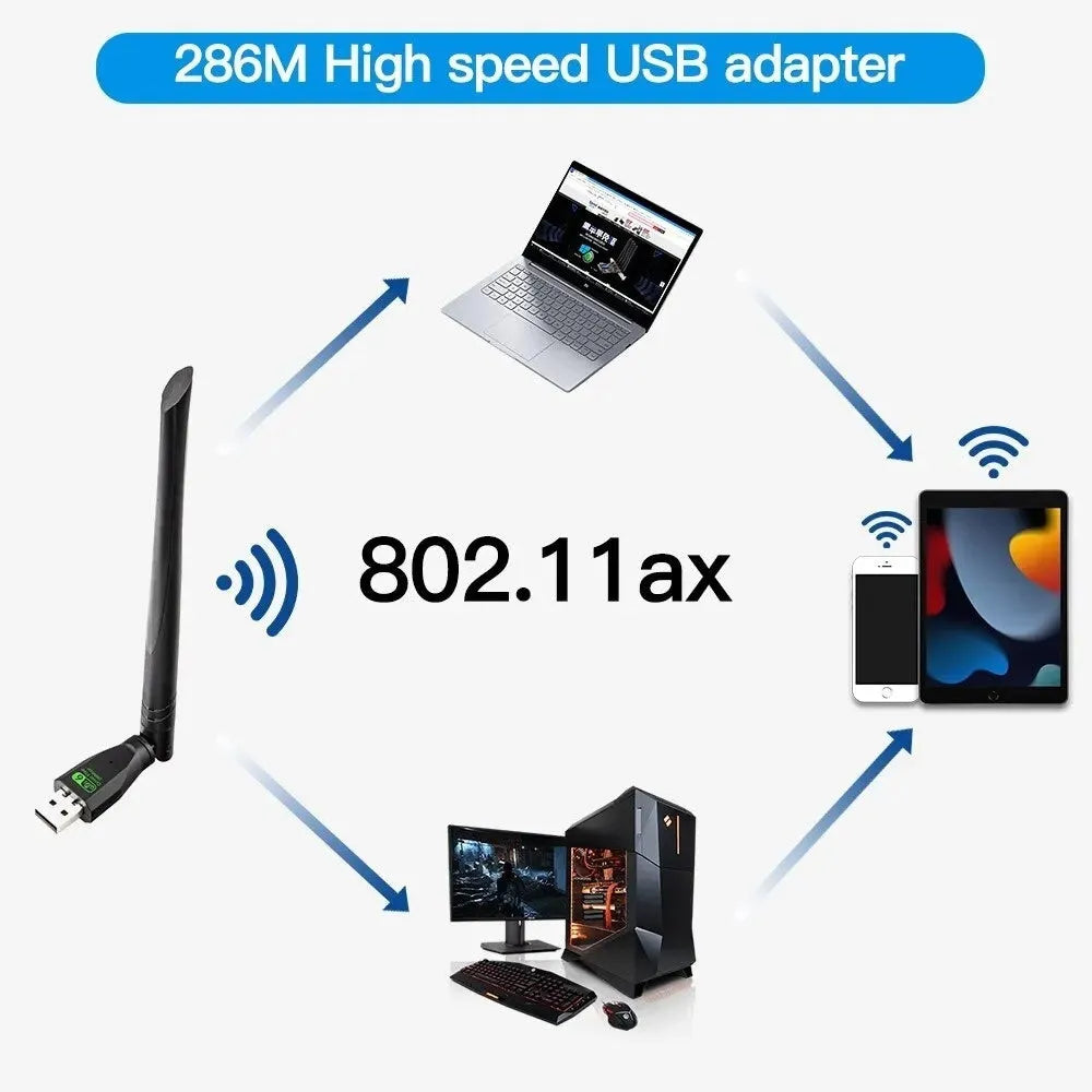 Black USB WiFi 6 wireless network card dongle for laptop and PC connectivity.
