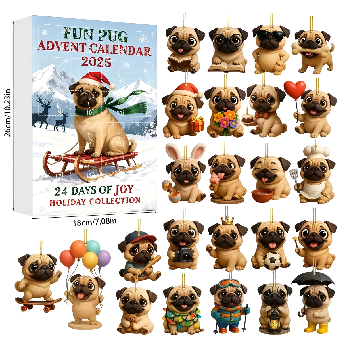 Acrylic Christmas tree ornament blind box with Pug Style 2 cartoon design for advent calendar