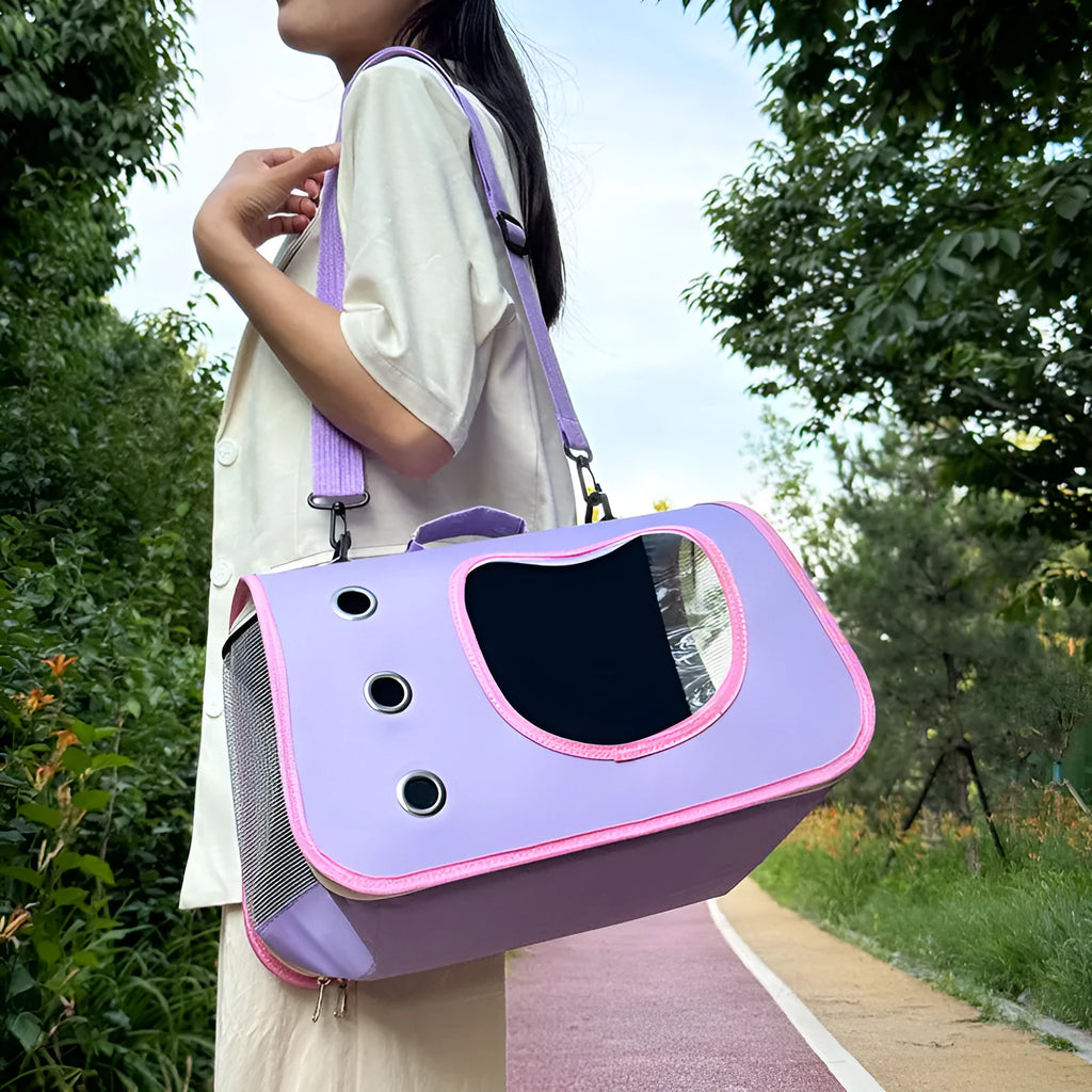 Medium capacity Oxford cloth pet carrier bag with crossbody strap in solid colour