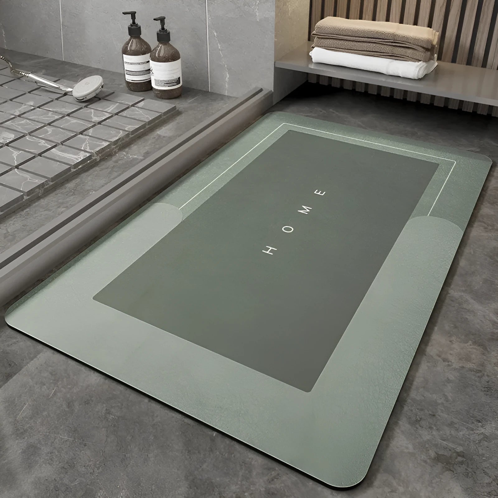 Cushioned bathroom floor mat with non-slip backing in blue colour showing oval shape on bathroom tiles