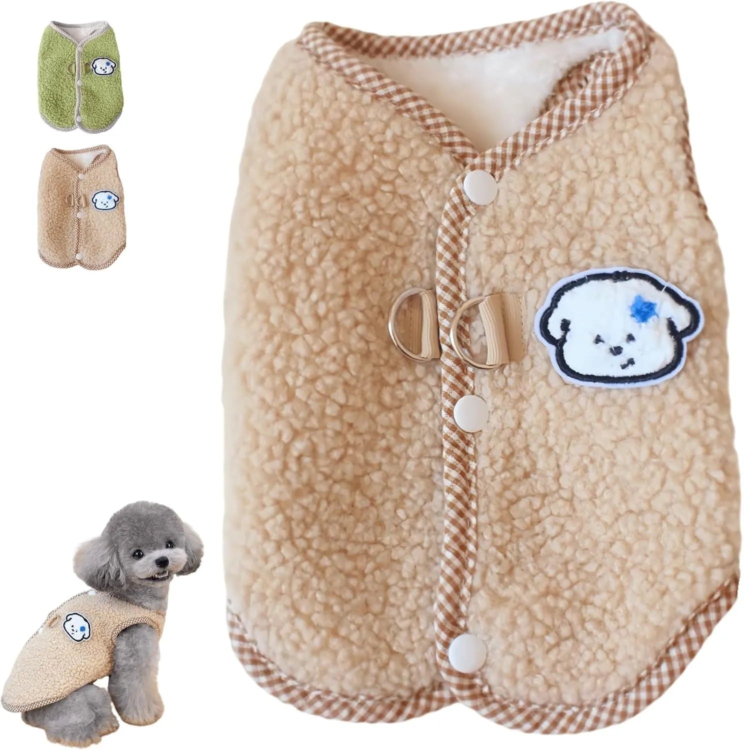 Green thickened coral fleece dog vest with a metal leash ring on the back.