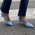 Plus size suede high heel sandals with pointed toe, cross buckle strap, hollowed design, T-shaped buckle, 6-8cm heel, green apricot blue