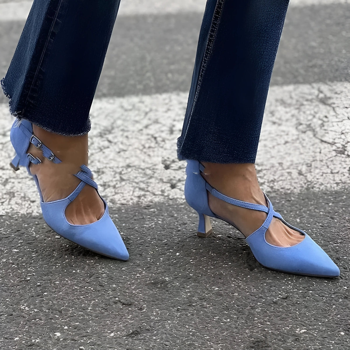 Plus size suede high heel sandals with pointed toe, cross buckle strap, hollowed design, T-shaped buckle, 6-8cm heel, green apricot blue