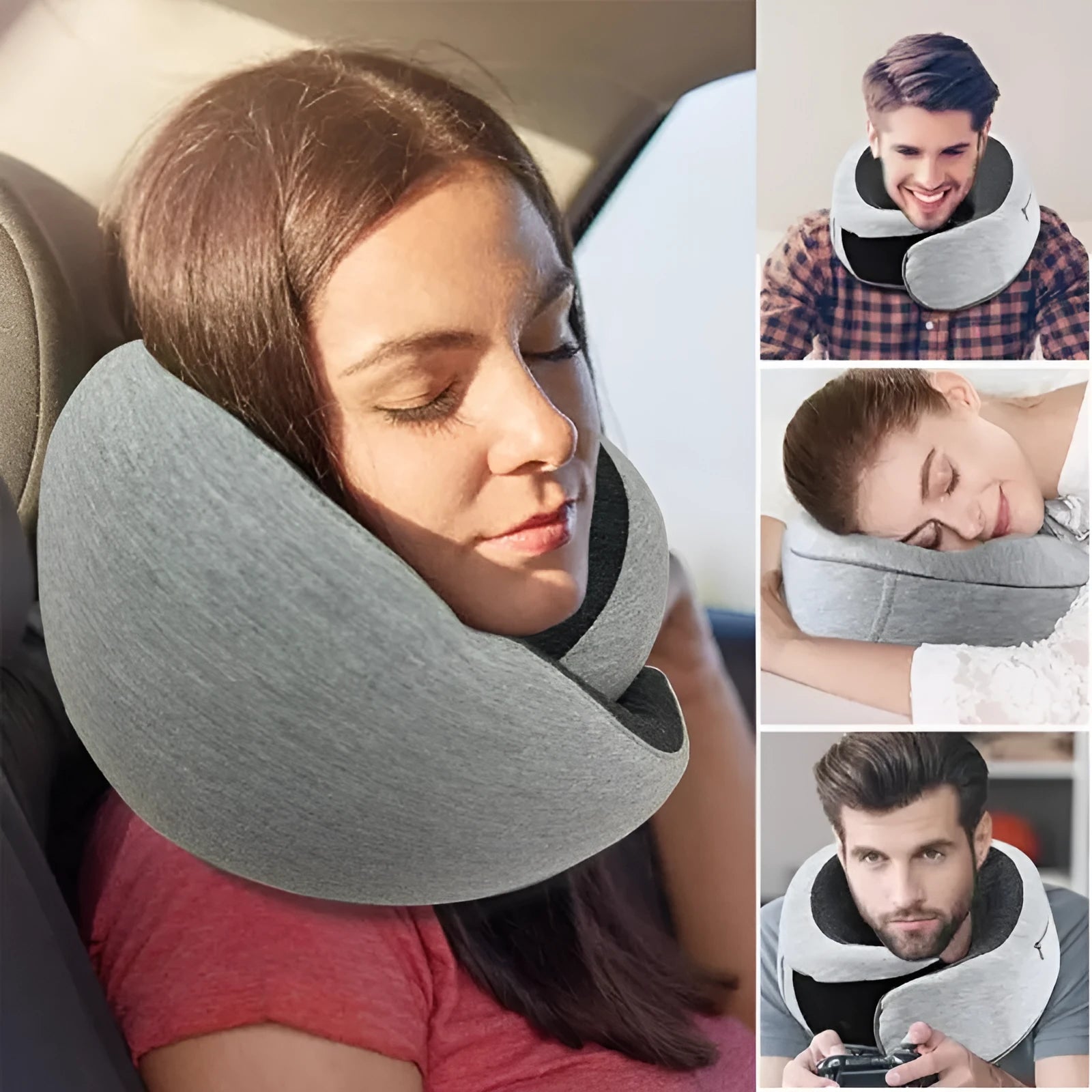 Memory foam U-shaped travel neck pillow in navy blue with buckle closure
